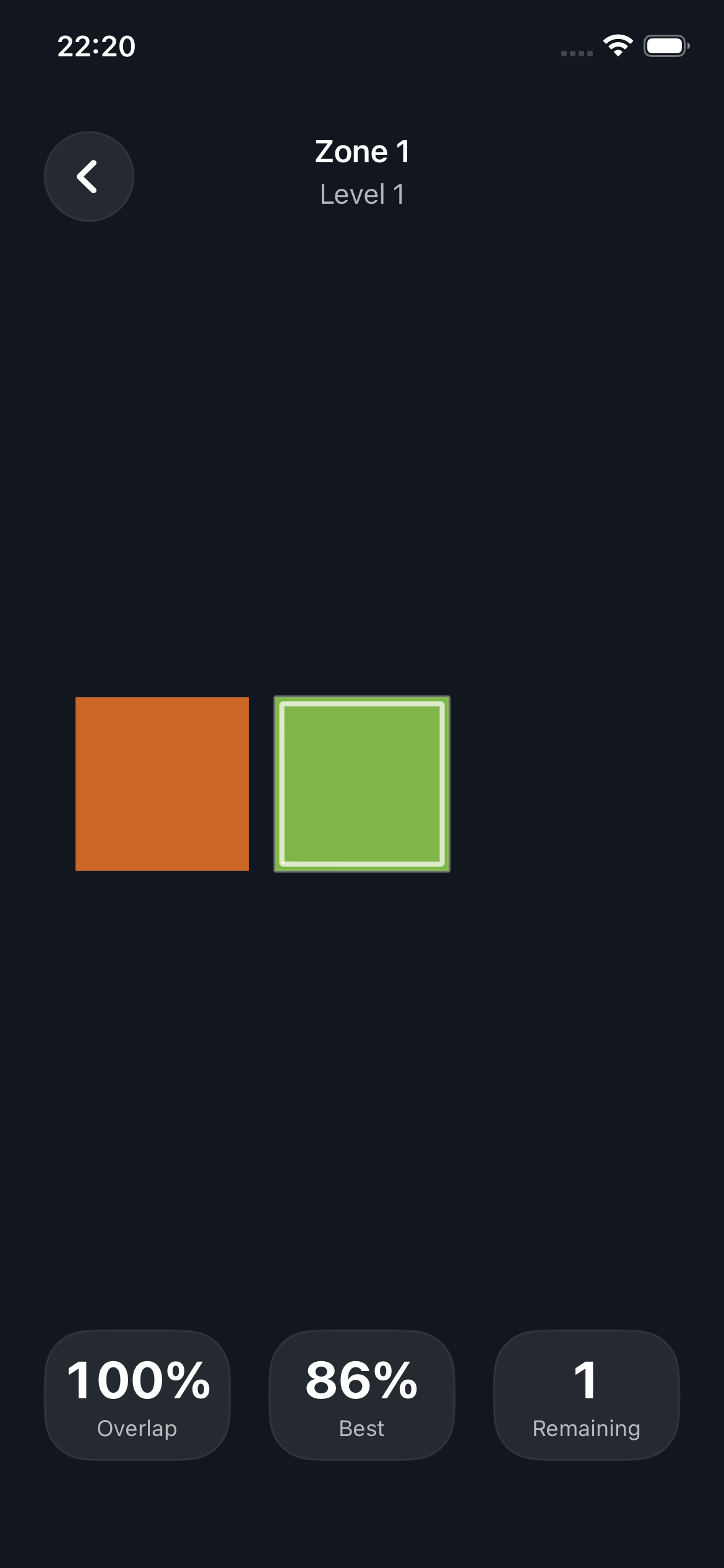 Overlapi gameplay showing the moving square, retained overlap and previous best