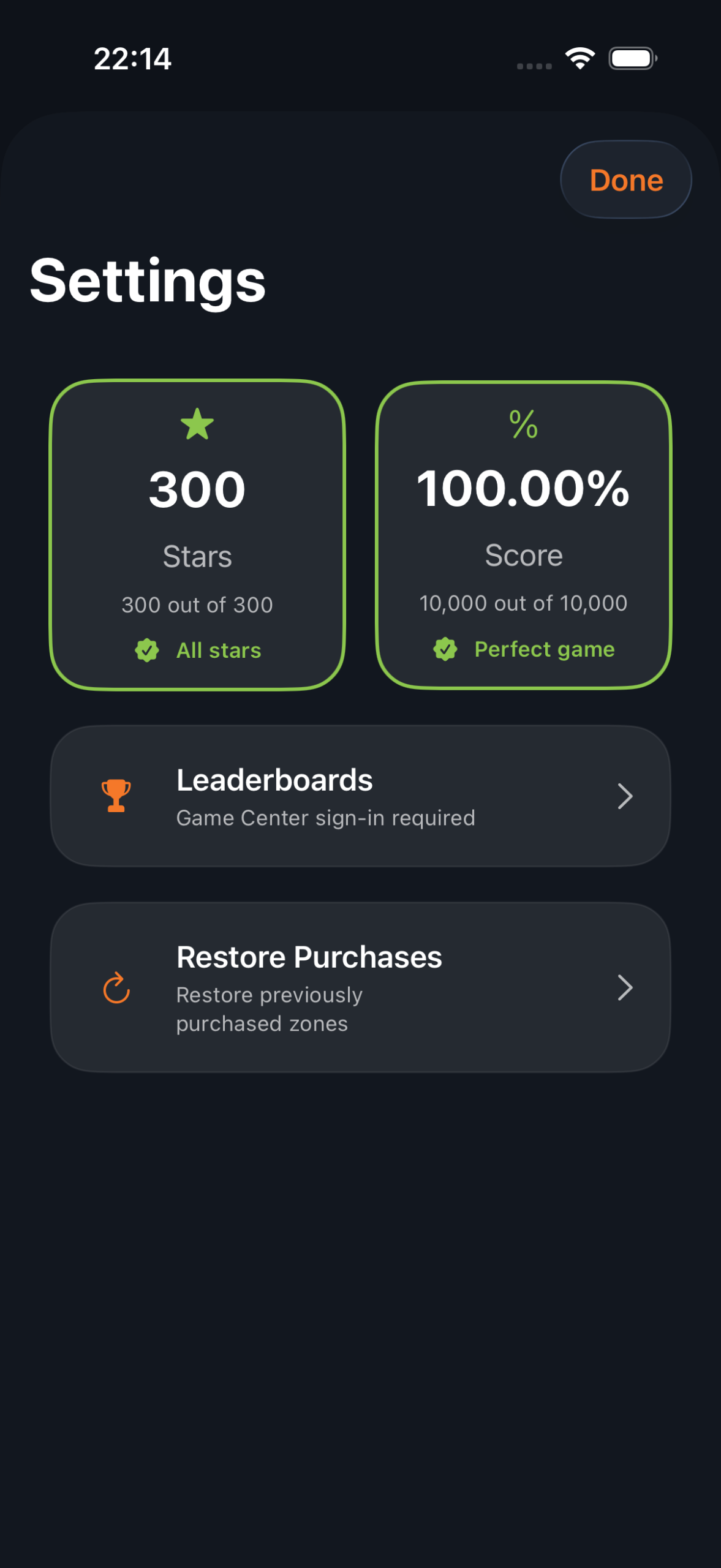 A perfect Overlapi zone with 30 stars and a 100 percent score
