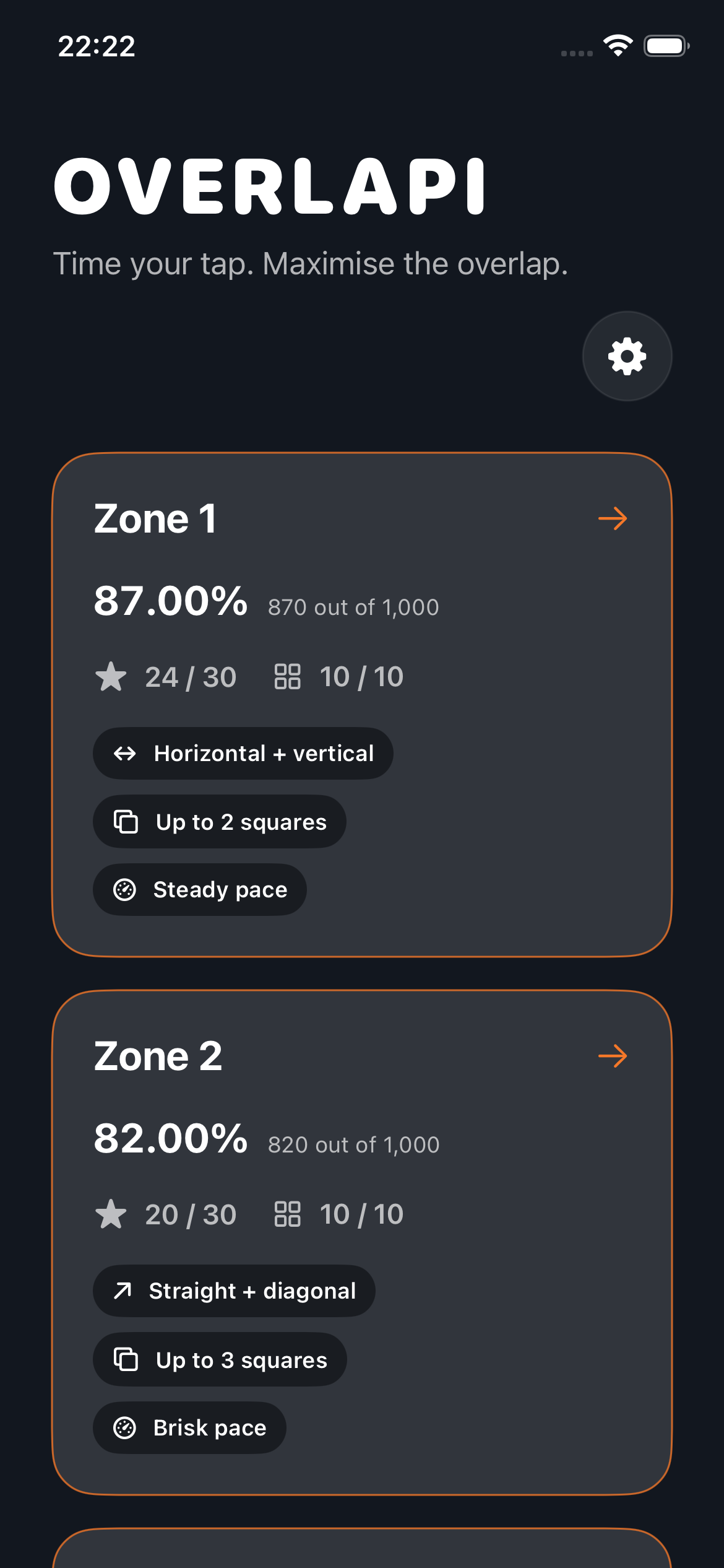 Overlapi zone cards showing direction, speed, square count and progress