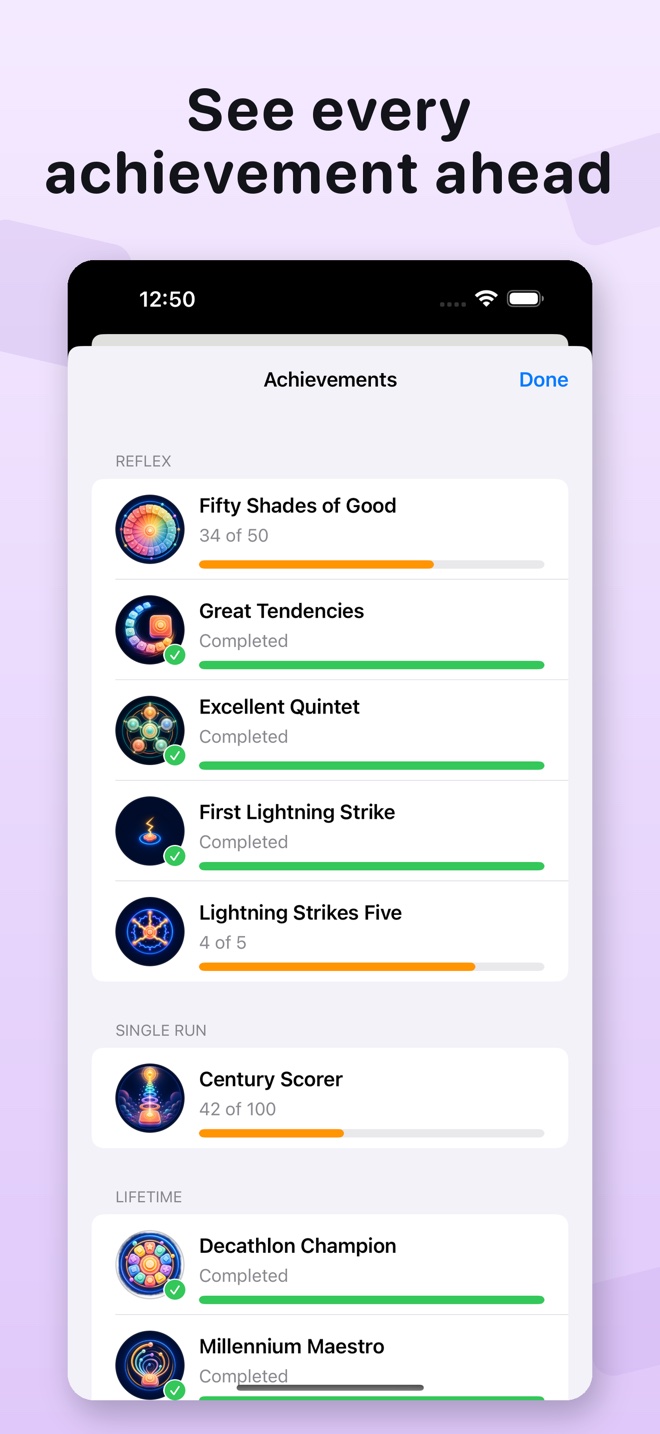 ReacTap achievement progress screen