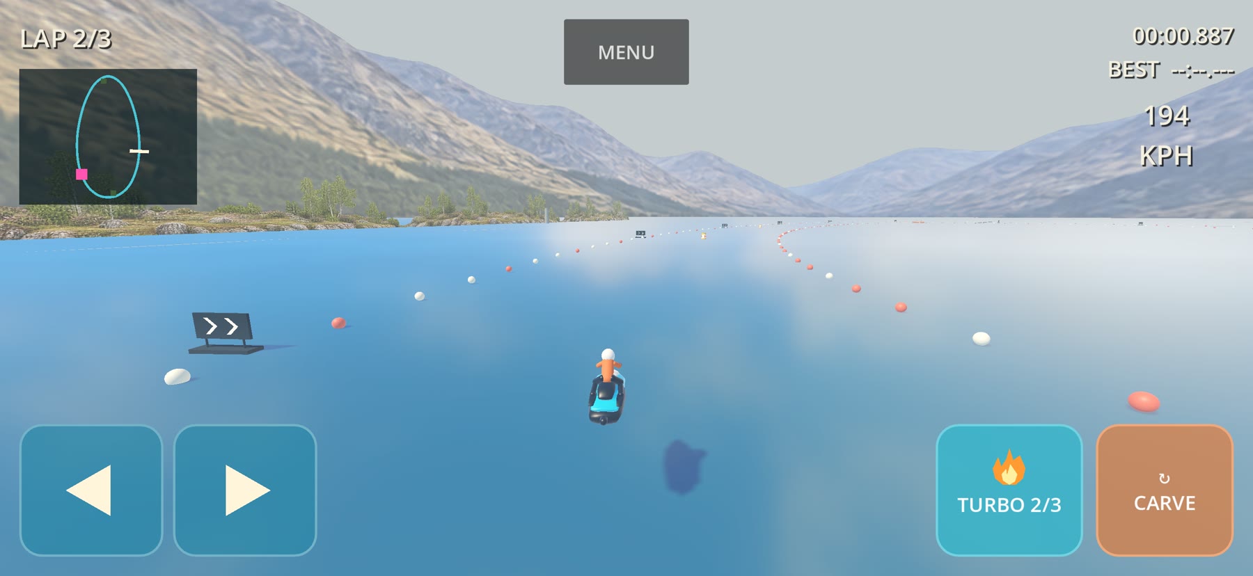 A jet ski racing through a wide Highland loch course in Loch Racer