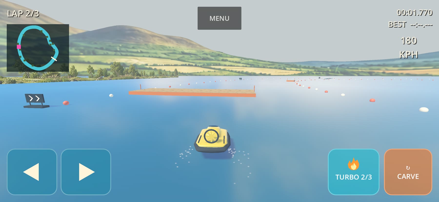 A hovercraft approaching a wooden deck route in Loch Racer