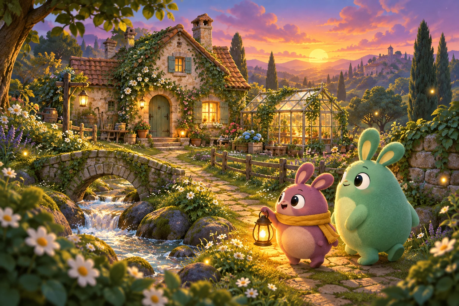 Storybook illustration of Pip and Moss beside a brook, with a lantern-lit cottage and greenhouse behind them.