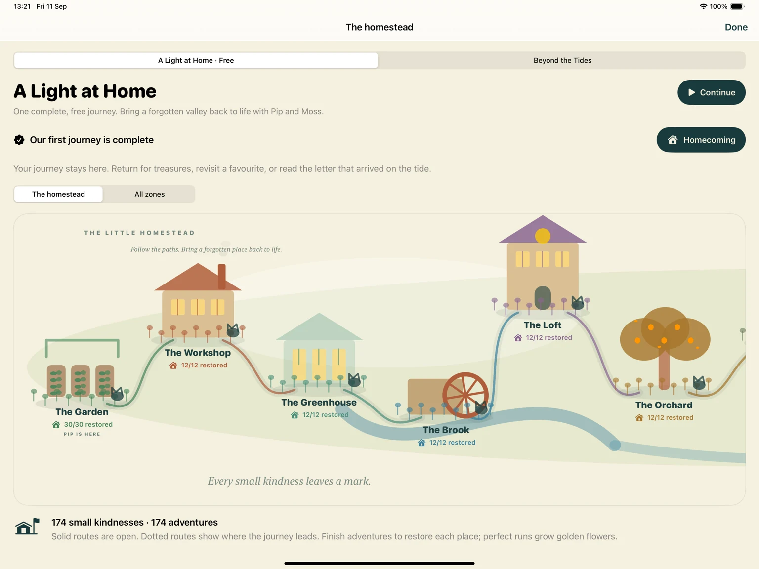 The restored homestead in the game, with connected paths between the Garden, Workshop, Greenhouse, Brook, Loft and Orchard.