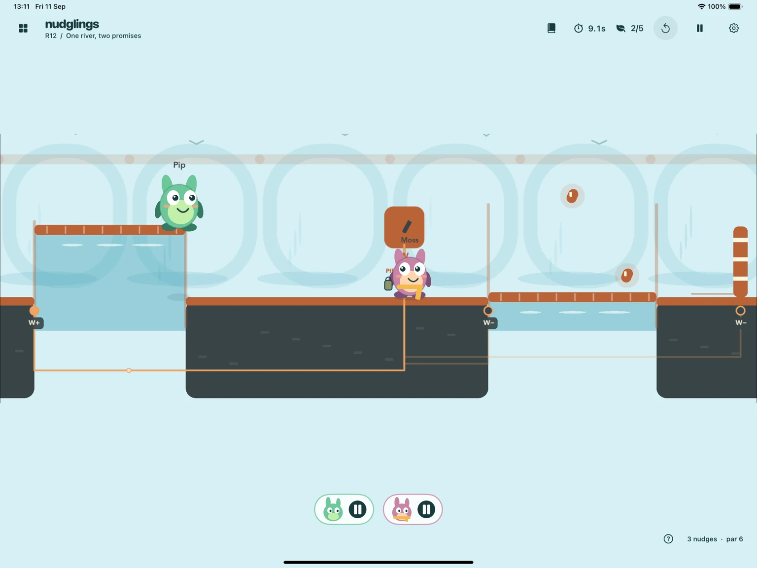 Pip rides a raised platform while Moss waits below among the water gates of the Rainworks.