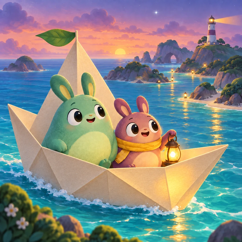 Storybook illustration of Pip and Moss sailing in a folded-paper boat towards lantern-lit islands at sunset.