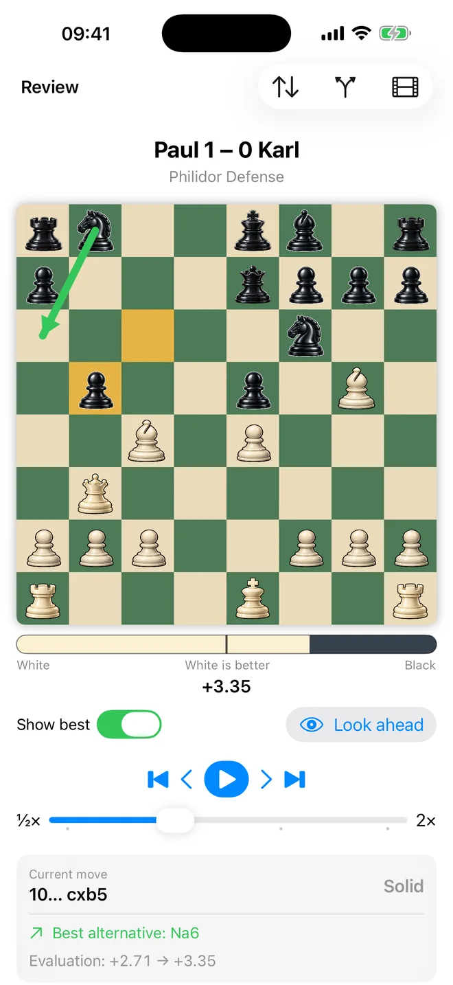 A Classic Staunton board with Stockfish evaluation and best-move analysis in Nuifish Chess