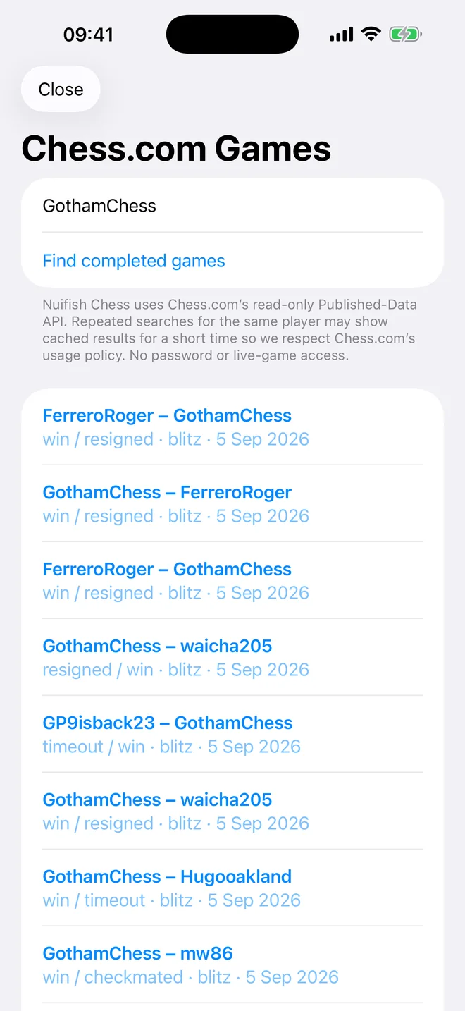 Completed public Chess.com games listed in Nuifish Chess