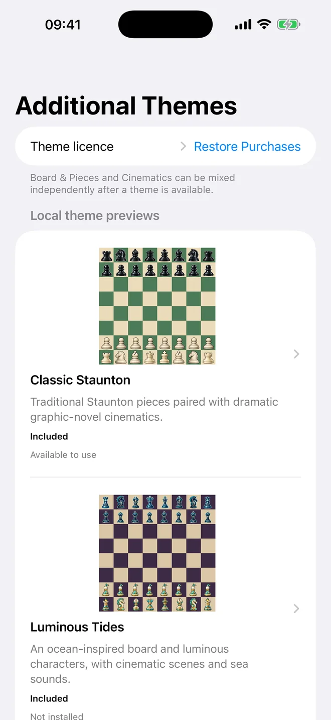 Additional board, piece and cinematic themes in Nuifish Chess