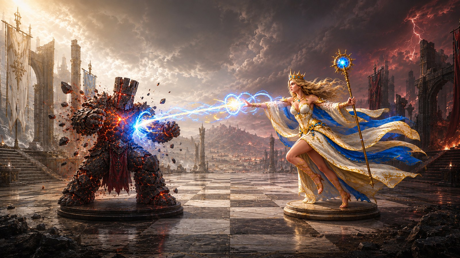 Sovereigns light queen attacking the dark rook in a Nuifish Chess cinematic scene