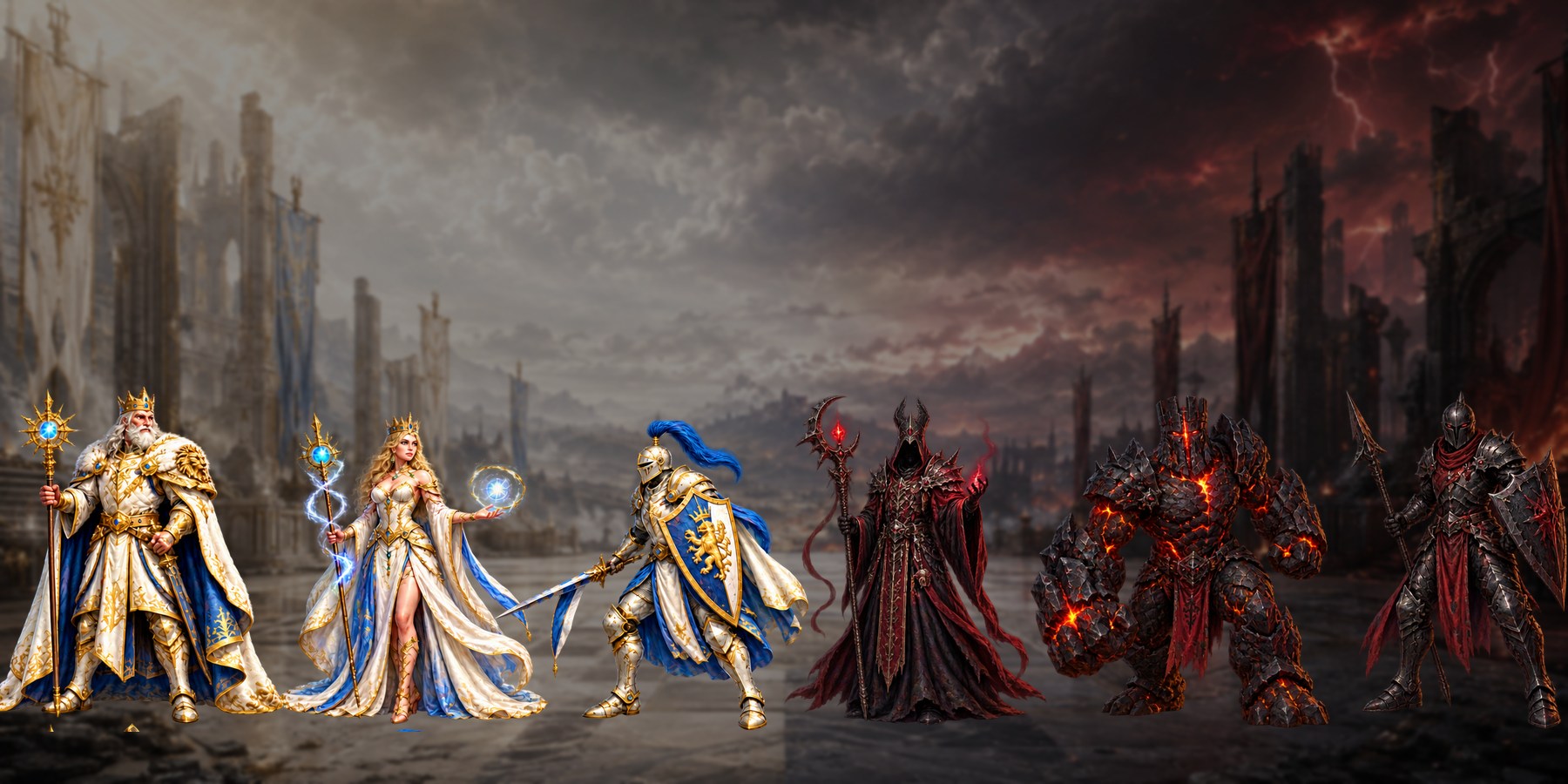 Characters from the Sovereigns, Realms at War Nuifish Chess theme: king, queen, knight, bishop, rook and pawn