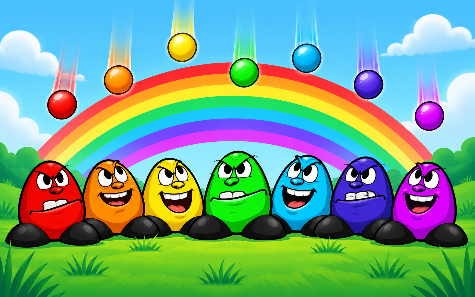Seven colorful Rainbow Monsters look up at falling rainbow pieces beneath a rainbow.