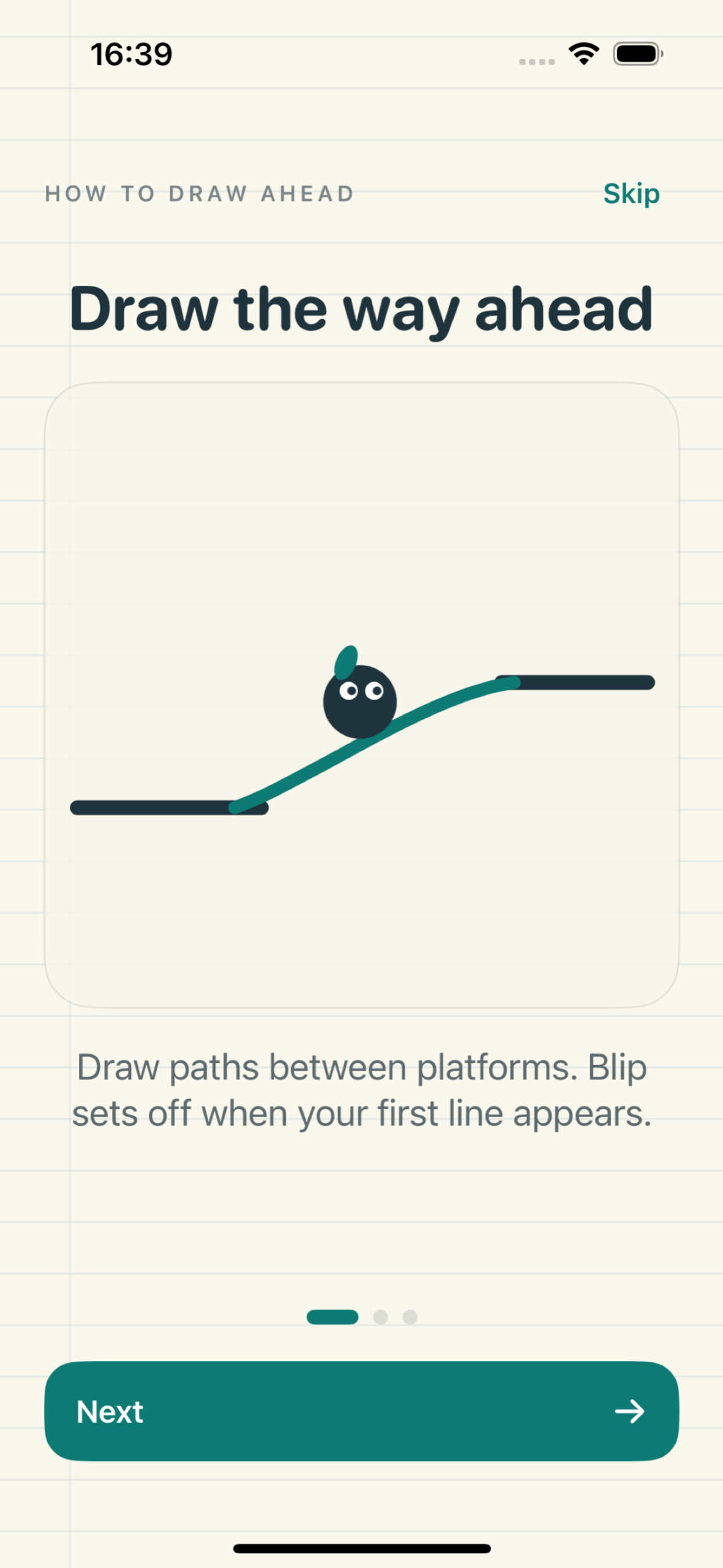 Draw Ahead gameplay showing Blip travelling across a player-drawn ink bridge