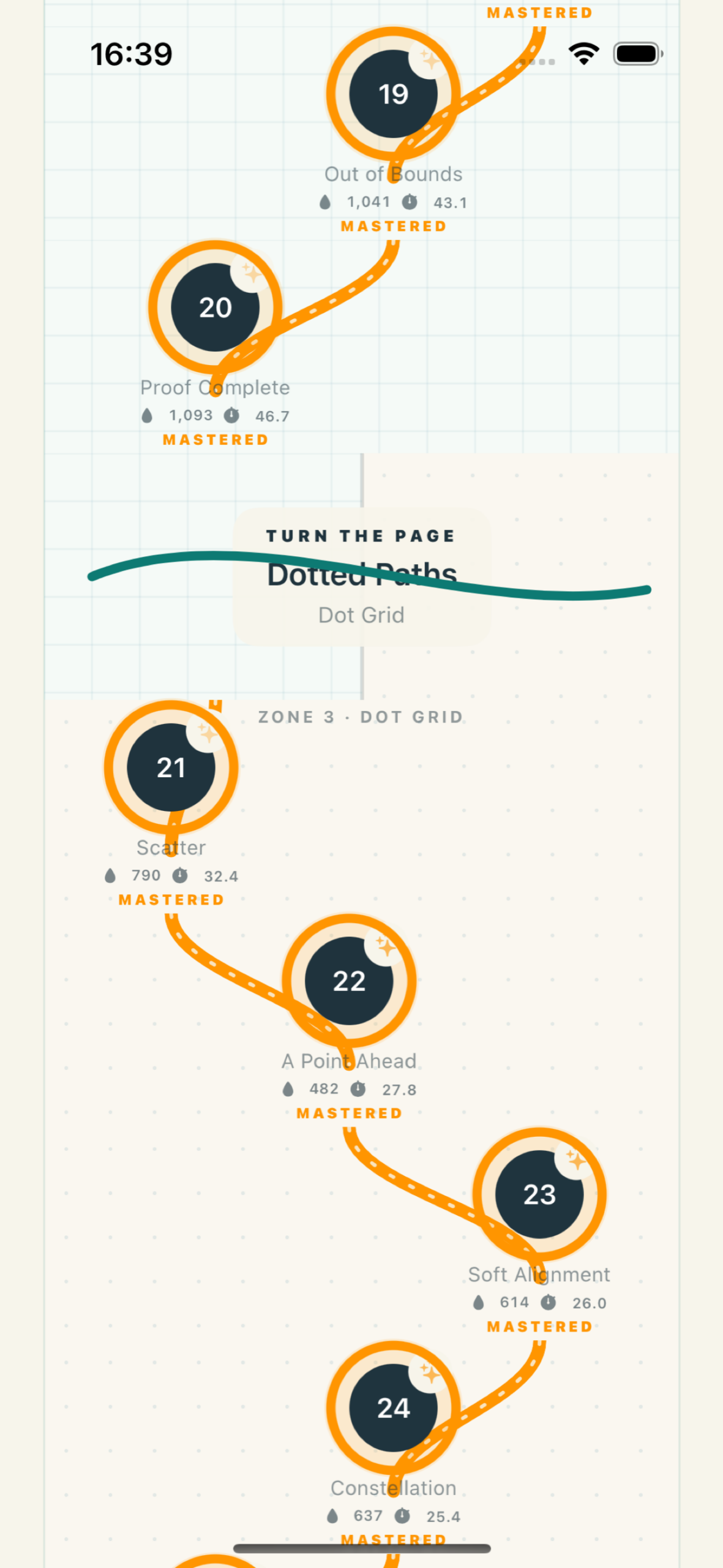 Draw Ahead journey map with mastered lines turning gold